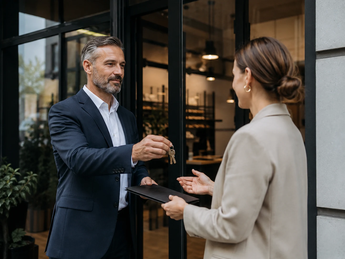 Business owner handing over keys during a sale closing