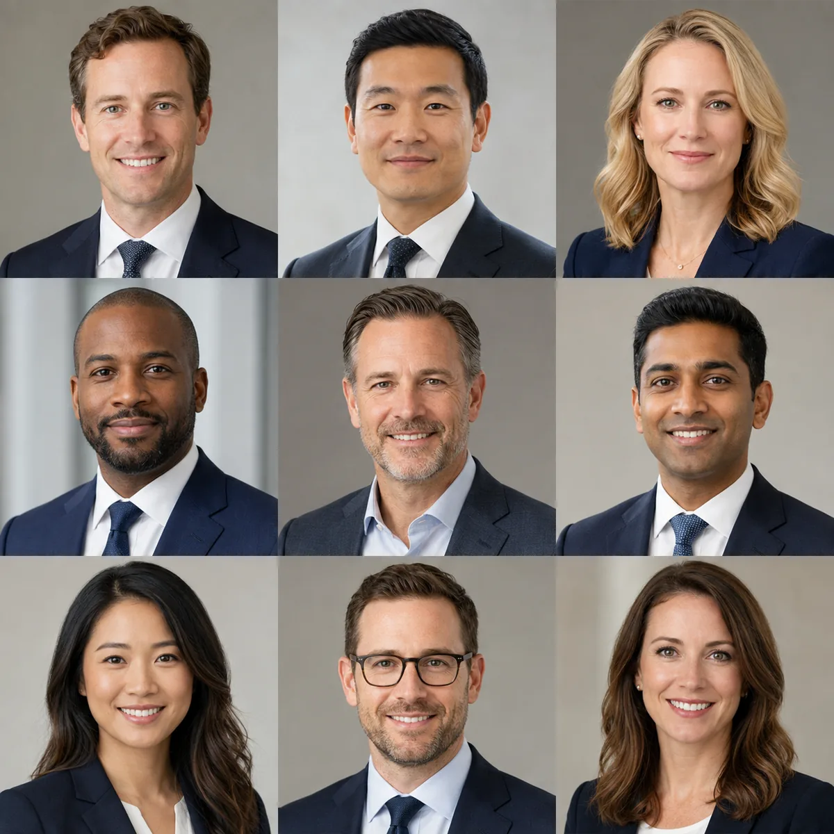 Nine professional advisor portraits arranged in a grid