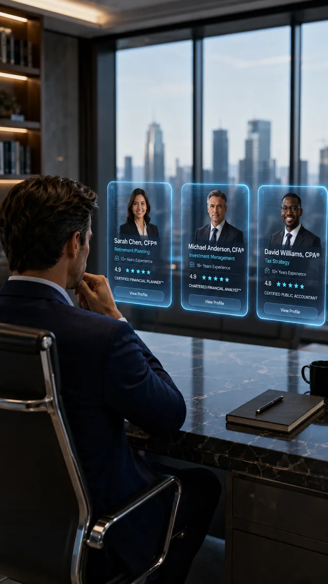 Investor reviewing three financial advisor profiles
