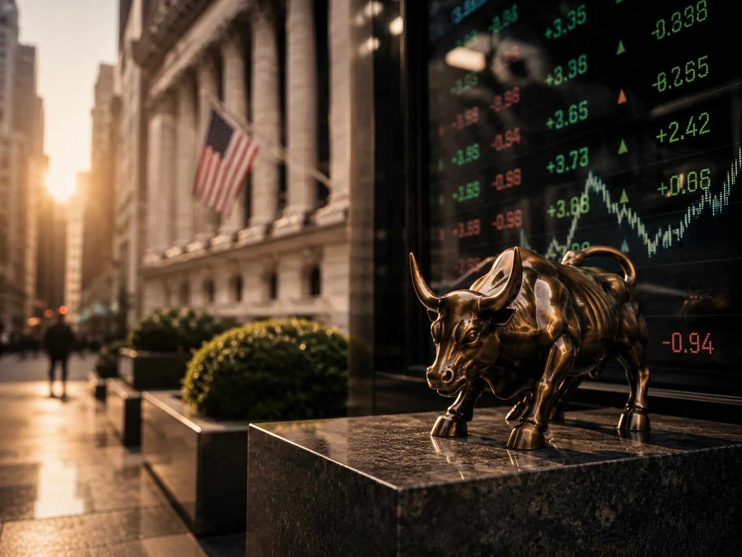 Wall Street bull beside a stock market display
