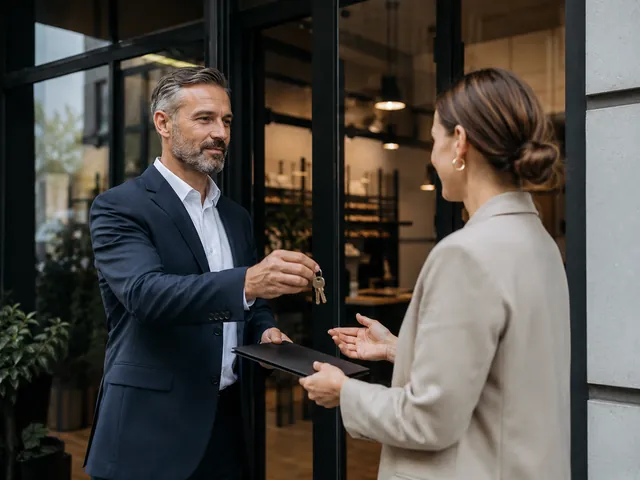 Business owner handing over keys during a sale closing